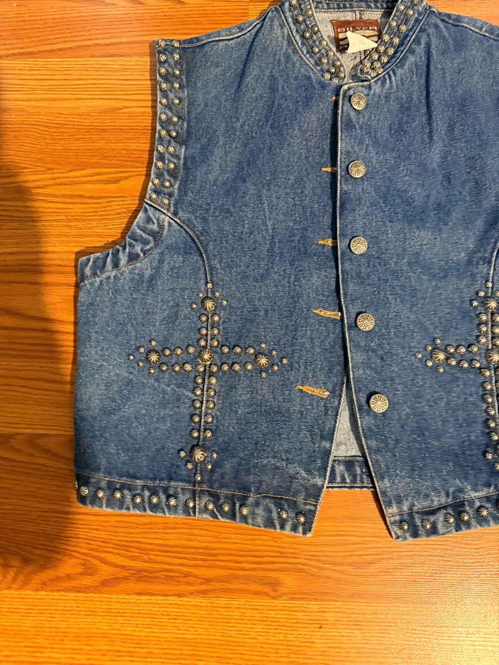 Vintafe Women's Blue Denim Studded Vest